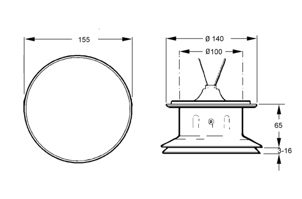 CTVB-100 IM0006646.PNG Weitwurfdüse zur Deckenmontage, DN 100. Montagestutzen (EST, AST oder WST-100) muss separat bestellt werden.