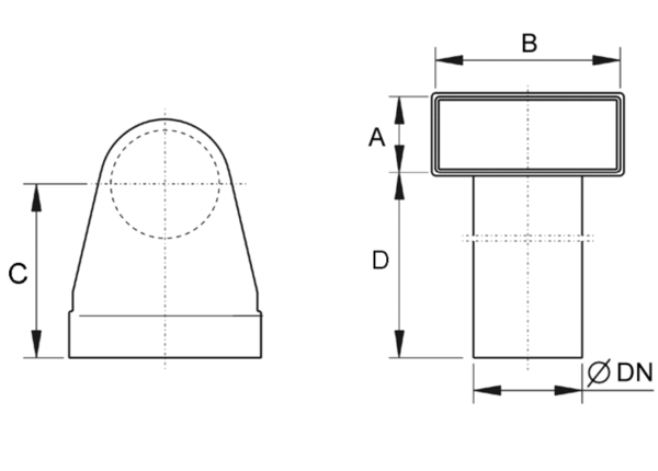 AF-WL 125 80/150 IM0010315.PNG 90° Übergangsstück vom runden Anschluss (Zu- oder Abluftventil) auf Einschubadapter AF-WE 63. Abgänge mit Muffenmaß. Zum Anschluss an das Flexrohr AF-F 63 wird der Adapter AF-WE 63 benötigt.