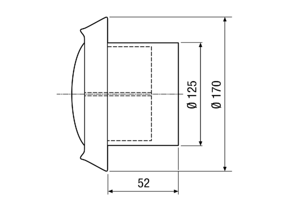 KU-V2A-125 IM0011469.PNG Abluftventil aus Edelstahl mit polierter Oberfläche, DN 125. Einbaurahmen VG-RF im Lieferumfang.