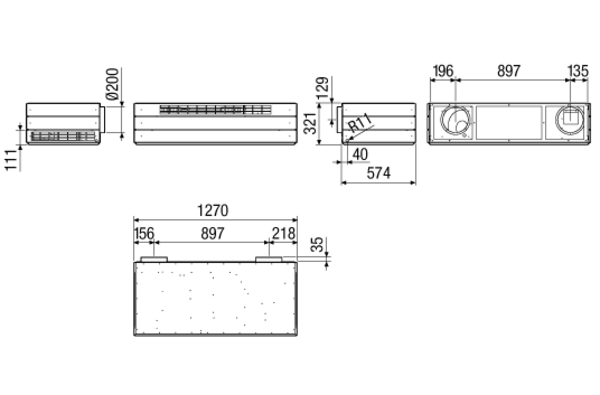 TOP 300 W IM0012015.PNG Dezentrales Lüftungsgerät mit Wärmerückgewinnung für maximal 300 m3/h, als Wandmodell, Außen- und Fortluft hinten am Gerät, Zuluft vorne, Abluft seitlich.