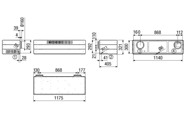 TOP 180 W IM0012018.PNG Dezentrales Lüftungsgerät mit Wärmerückgewinnung für maximal 180 m3/h, ␍als Wandmodell, Außen- und Fortluft hinten am Gerät, Zuluft vorne, Abluft seitlich.