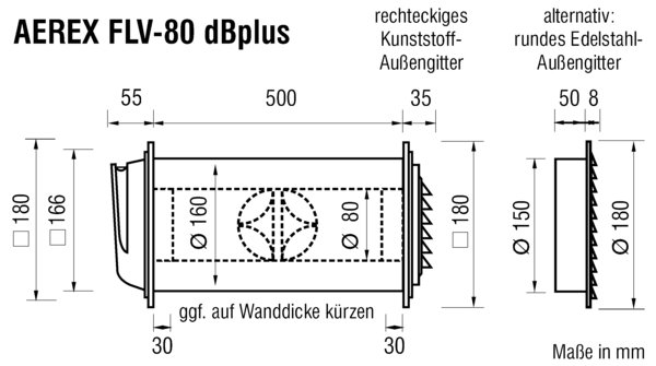 FLV-80 dBplus-E IM0012152.PNG Außenluftdurchlass (ALD) nach DIN 1946-6. Wandventil mit manuell stufenloser Einstellung und Filter, mit Sturmsicherung und Schalldämmung für erhöhte Schalldämmanforderungen für den Einsatz an Bahnstrecken, Autobahnen, Einflugschneisen etc.