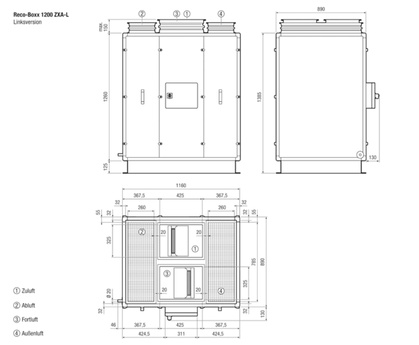 Reco-Boxx 1200 ZXA-L / EV / EN IM0013423.PNG Luft-Luft Wärmerückgewinnungs-Zentralgerät mit Bypass, E-Vor- und E-Nachheizregister