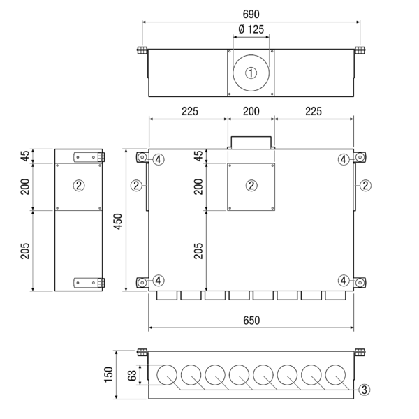 KALV-63-125-8 IM0013990.PNG Kombi-Aufputz-Luftverteilerkasten mit Schalldämmung für 63er Aerex-o-Flex Rohrsystem mit 8 Anschlüssen.