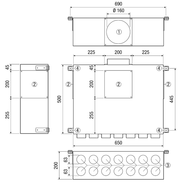 KALV-63-160-14 IM0013992.PNG Kombi-Aufputz-Luftverteilerkasten mit Schalldämmung für 63er Aerex-o-Flex Rohrsystem mit 14 Anschlüssen.