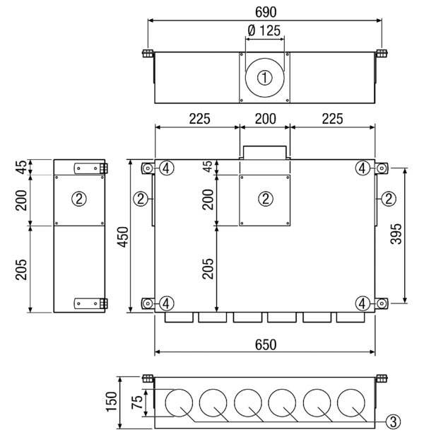 KALV-75-125-6 IM0013994.PNG Kombi-Aufputz-Luftverteilerkasten mit Schalldämmung für 75er Aerex-o-Flex Rohrsystem mit 6 Anschlüssen.