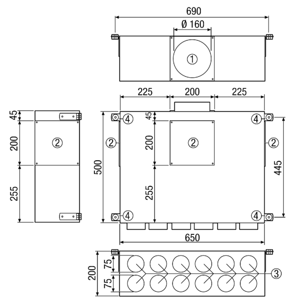 KALV-75-160-12 IM0013996.PNG Kombi-Aufputz-Luftverteiler mit Schalldämmung für 75er Aerex-o-Flex Rohrsystem mit 12 Anschlüssen.