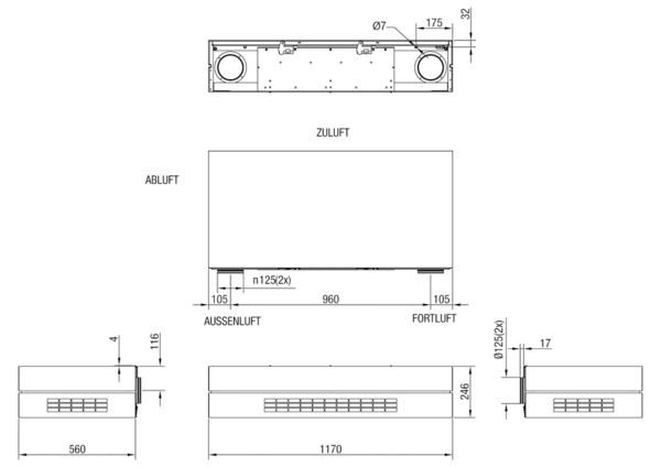 Top 100 W-L mit Bypass IM0014113.PNG Reco-Boxx TOP 100 W-L mit Bypass (Wandmodell). Wandasuführung: Fort- und Außenluft hinten DN 125, Zuluft vorne, Abluft links seitlich. ␍Lieferung ohne Steuerung, Filter und Wandrahmen.