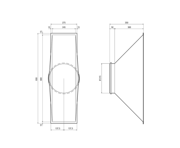 ÜG-1600 Flat IM0014621.PNG Übergang eckig / rund, symmetrisch für Reco-Boxx 1600 Flat. Anschluss an Außenluft und Abluft, daher werden 2 Stück pro Gerät benötigt.