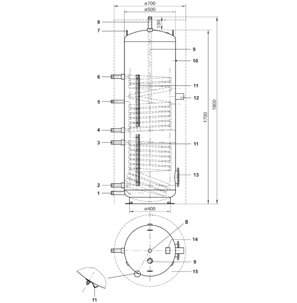 AEREX PHS 300 IM0014784.PNG Hochwertiger, bivalenter 300 l Trinkwasserspeicher mit großem Reinigungsflansch sowie 2 Heizwendeln bzw. Wärmetauschern.