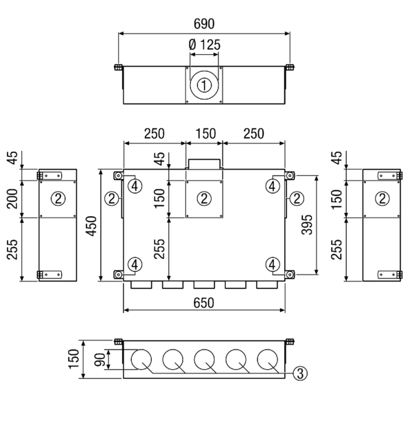 KALV-90-125-5 IM0015205.PNG Kombi-Aufputz-Luftverteiler mit Schalldämmung für 90er Aerex-o-Flex Rohrsystem mit 5 Anschlüssen.