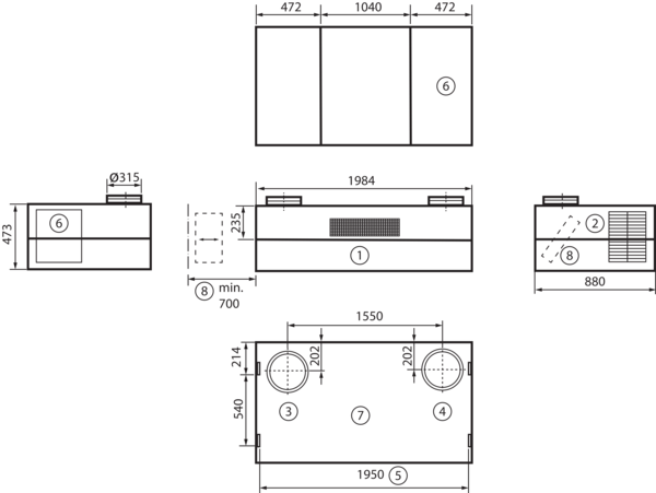 geniovent.x 900 H D-E-SO IM0016895.PNG Dezentrales RLT Gerät mit sehr hoher Wärmerückgewinnung.  Mit Enthalpie-Wärmetauscher, Außen- und Fortluftanschlüsse nach oben, Ausblasung oben, komplett verkleidet. CO2-Sensor im Gerät integriert.