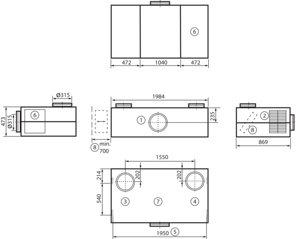 geniovent.x 900 H D-E-K1 IM0016896.PNG Dezentrales RLT Gerät mit sehr hoher Wärmerückgewinnung.  Mit Enthalpie-Wärmetauscher, Außen- und Fortluftanschlüsse nach oben, Zuluft über Kanal, Abluft am Gerät, Abluftseite und Elektroseite mit Paneele verkleidet. CO2-Sensor im Gerät integriert.