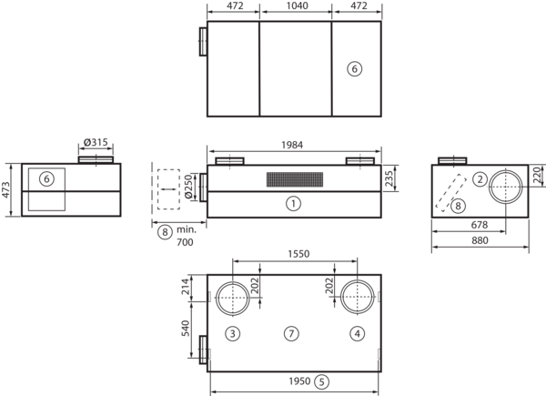 geniovent.x 900 H D-E-K2 IM0016897.PNG Dezentrales RLT Gerät mit sehr hoher Wärmerückgewinnung.  Mit Enthalpie-Wärmetauscher, Außen- und Fortluftanschlüsse nach oben, Abluft über Kanal, Zuluft am Gerät, Zuluftseite und Elektroseite mit Paneele verkleidet. CO2-Sensor im Gerät integriert.