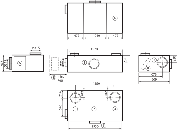 geniovent.x 900 H D-E-K3 IM0016898.PNG Dezentrales RLT Gerät mit sehr hoher Wärmerückgewinnung.  Mit Enthalpie-Wärmetauscher, Außen- und Fortluftanschlüsse nach oben, Zu- und Abluft über Kanal, nicht verkleidet. CO2-Sensor im Gerät integriert.