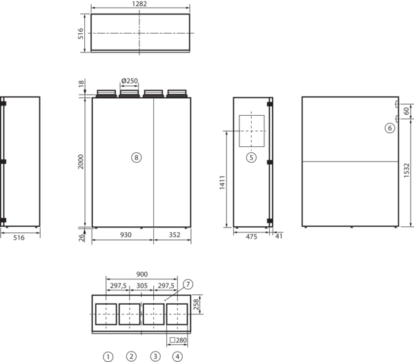 geniovent.x 600 S DR-E-K3 RAL 9010 IM0016900.PNG Dezentrales RLT Gerät  in reinweiß ähnlich RAL 9010 mit sehr hoher Wärmerückgewinnung. 600 m³/h, mit Enthalpie-Wärmetauscher, Anschluss nach oben, Außenluft rechts, Zu- und Abluft über Kanal, CO2-Sensor im Gerät integriert.