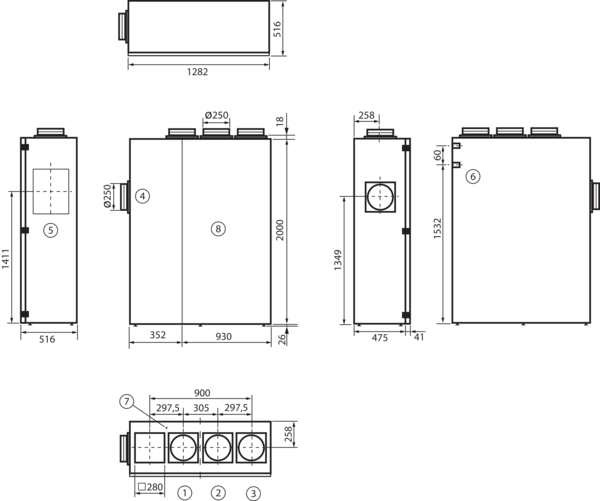 geniovent.x 600 S BL-G-K3 RAL 9010 IM0016901.PNG Dezentrales RLT Gerät in reinweiß ähnlich RAL 9010 mit sehr hoher Wärmerückgewinnung. 600 m³/h, mit Kreuz-Gegenstrom-Wärmetauscher und Vorheizregister, Anschluss durch Brüstung, Außenluft links, Fortluft oben, Zu- und Abluft über Kanal, CO2-Sensor im Gerät integriert.