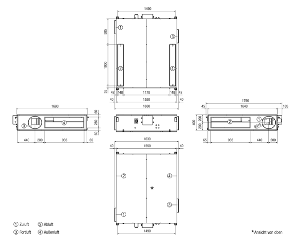 Reco-Boxx 1600 Flat-L / EV IM0017029.PNG Luft-Luft Wärmerückgewinnungs-Zentralgerät als Flachgerät zur Deckenmontage mit integriertem Sommerbypass und Elektro-Vorheizung.