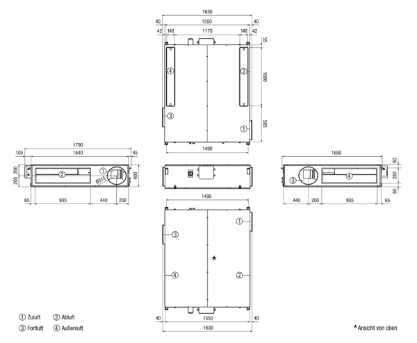 Reco-Boxx 1600 Flat-R IM0017030.PNG Luft-Luft Wärmerückgewinnungs-Zentralgerät als Flachgerät zur Deckenmontage mit integriertem Sommerbypass