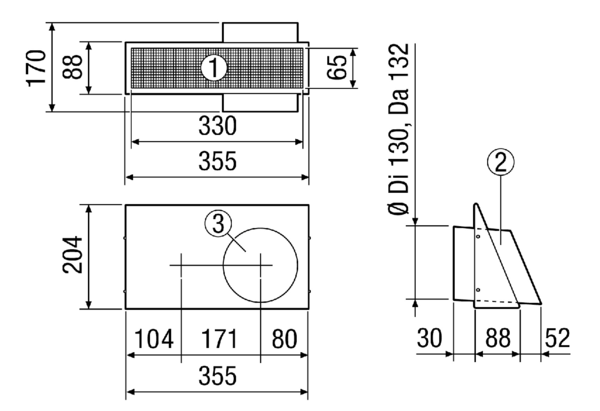 AKW-L-125 IM0017044.PNG Kombi-Wandstutzen. Ansaug- und Fortluftstutzen in einem. Linksversion - Außenluftansaugung linksseitig. Edelstahl, gebürstet.