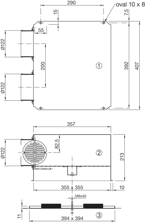 WP101S-125-394 IM0017051.PNG Anschlusskasten für Drall- und Lineardurchlässe der Größe 394 x 394 mm.