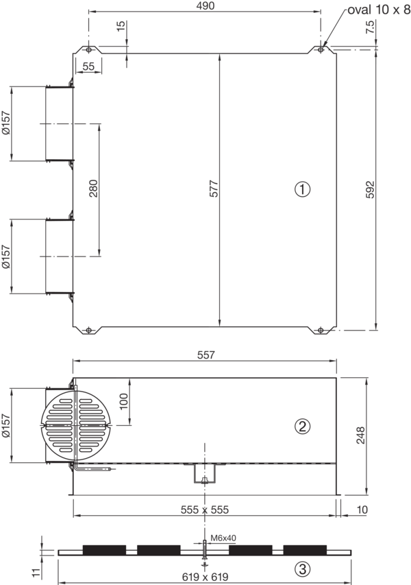 WP101S-160-619 IM0017052.PNG Anschlusskasten für Drall- und Lineardurchlässe der Größe 619 x 619 mm.