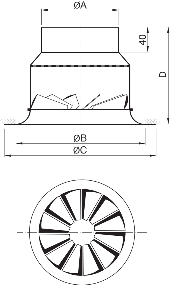 WR230T-160 IM0017067.PNG Dralldurchlass rund mit fest eingebauten Luftlenklamellen mit Diffusorring, komplett mit Anschlusskasten mit Anschluss oben. Anschlusskasten aus verzinktem Stahlblech.