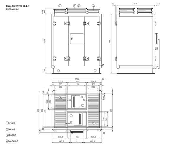 Reco-Boxx 1200 ZXA-R / EV / WN IM0017182.PNG Luft-Luft Wärmerückgewinnungs-Zentralgerät mit Bypass, E-Vor- und Wassernachheizregister