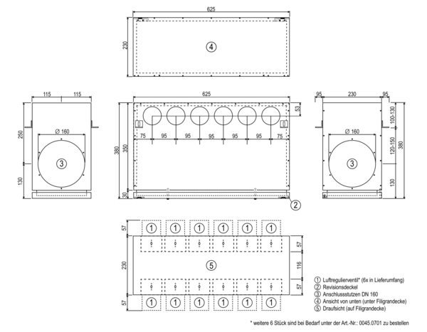 DEV-75-160-12 IM0017232.PNG Deckeneinbau-Luftverteiler zur Teilmontage in einer Betondecke zum direkten Anschluss von bis zu 12 x Rohrleitung Aerex-o-Flex AF-F75. 6 Stück Regulierventile LRVK-75 und 6 Stück Blindkappen sowie 1 Stück Blinddeckel DN 160 im Lieferumfang enthalten.