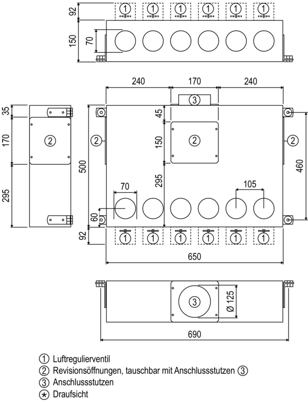 KALV-RV-75-125-6 IM0017242.PNG Variabel einsetzbarer Luftverteiler KALV-RV mit Regulierventilen und Schalldämmung in variabler, kompakter Bauweise für Aerex-o-Flex Rohrsystem. Ausführung mit: 6 Stück Blindabdeckungen, 3 Stück Revisionsabdeckungen, 1 Stück Rohr-Anschlussstutzen (lose, rund) DN 125, 4 Stück Montagewinkel mit Gummientkopplung und 6 Stück Luftregulierventile inkl. Kunststoff-Einstellschlüssel.