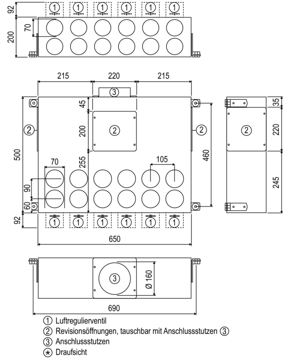 KALV-RV-75-160-12 IM0017244.PNG Variabel einsetzbarer Luftverteiler KALV-RV mit Regulierventilen und Schalldämmung in variabler, kompakter Bauweise für Aerex-o-Flex Rohrsystem. Ausführung mit: 16 Stück Blindabdeckungen, 3 Stück Revisionsabdeckungen, 1 Stück Rohr-Anschlussstutzen (lose, rund) DN 160, 4 Stück Montagewinkel mit Gummientkopplung und 8 Stück Luftregulierventile inkl. Kunststoff-Einstellschlüssel.