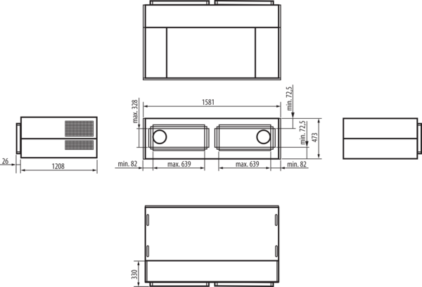 geniovent.x 600 H Anschlusskasten Universal IM0018000.PNG Zum Einbau der geniovent.x 600 H-Geräte in eine Fensterfront.