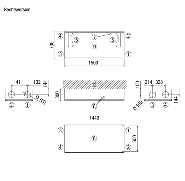 RB 300 Flat R IM0018578.PNG Zentrales hocheffizientes Lüftungsgerät mit EC-Ventilatoren, Konstant-Volumenstromregelung, inkl. Bypass und zwei Enthalpie-Kreuz-Gegenstrom-Tauschern, Zu- und Abluft rechts (in Einbaulage Decke, Blick auf das Elektronikfach), Fördervolumen 80 - 300 m³/h, Anschlussdurchmesser 4 x DN 160, 4 Steckverbinder oder 90° Bogen zum Anschluss an Wickelfalzrohren notwendig (als Zubehör zu bestellen), inkl. Bedienteil RLS 1 WR, inkl. integriertem Webserver u. APP-Bedienung für mobile Geräte-Ansteuerung, Liveberichte über Webtool (air@home), DIBT-Zulassung, KNX-/ Modbus- und EnOcean-Anbindung möglich.