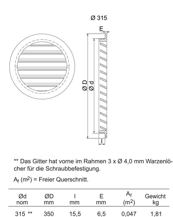 Alu DN 315 IM0018674.PNG Rundes Wetterschutzgitter DN 315 für den Einbau in Außenwände, wird für den Einlass von Außenluft und für Fortluft verwendet. Besitzt ein Vogelschutzgitter.