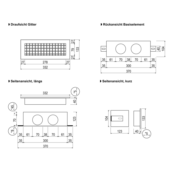 AWA-75-300 IM0018692.PNG Der Aerex-Wandauslass ist für den Anschluss von bis zu 2 parallel verlegten Aerex-o-Flex-Schläuchen der Nennweite 75 mm vorbereitet.