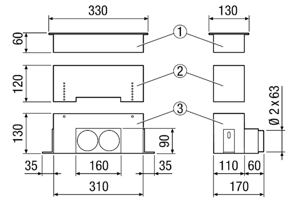 AFBA-63 IM0018695.PNG Fußboden- und Wandauslass für Aerex-o-Flex. Geeignet für den parallelen Anschluß von 2 Stück Aerex-o-Flex Rohren 63 mm. Edelstahlgitter in versetzter Schlitzoptik. Max. empfohlene Luftmenge: 30 m³/h.