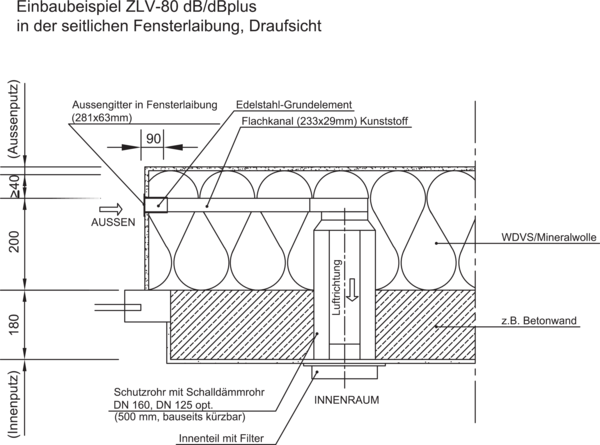 LE-80 dBplus-Variante 1 IM0019628.PNG LE-80 dBplus - Variante 1, ist die passende Ergänzung zur Rohbauhülse RH 80 dBplus (Art-Nr. 0047.0187)␍Komplettpaket bestehend aus:␍1x 0047.0191 LE-80 dBplus - Basis ␍1x 0047.0174 Horizontalbogen 90° FK-HB-90␍1x 0047.0175 Flachkanal FK-K500 B/H/L: 233 / 29 / 500 mm