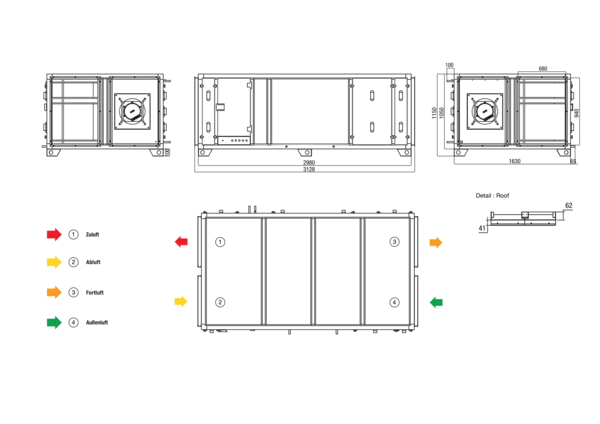 RLT 4000 MV4540HL-Mode 4 IM0022632.PNG Zentrales raumlufttechnisches Kompaktgerät mit Wärmerückgewinnung. Ausführung: Horizontal mit Zu- und Abluftanschluss links, volumenstromkonstanter Betrieb, mit Kreuz-Gegenstrom-Wärmetauscher, ohne Vorheizregister, ohne Nachheizregister, Fördervolumen bis 4000 m³/h