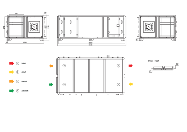 RLT 4000 MV4540HR-WH-Mode 4 IM0022634.PNG Zentrales raumlufttechnisches Kompaktgerät mit Wärmerückgewinnung. Ausführung: Horizontal mit Zu- und Abluftanschluss rechts, volumenstromkonstanter Betrieb, mit Kreuz-Gegenstrom-Wärmetauscher, ohne Vorheizregister, mit Pumpenwarmwasserregister, Fördervolumen bis 4000 m³/h