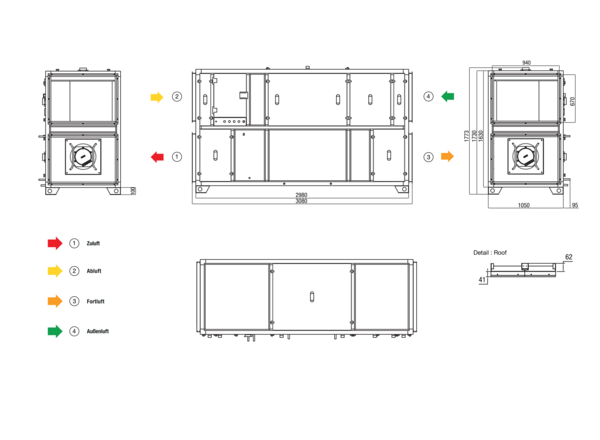 RLT 4000 MV4540VL-WH-Mode 4 IM0022654.PNG Zentrales raumlufttechnisches Kompaktgerät mit Wärmerückgewinnung. Ausführung: Vertikal mit Zu- und Abluftanschluss links, volumenstromkonstanter Betrieb, mit Kreuz-Gegenstrom-Wärmetauscher, ohne Vorheizregister, mit Pumpenwarmwasserregister, Fördervolumen bis 4000 m³/h