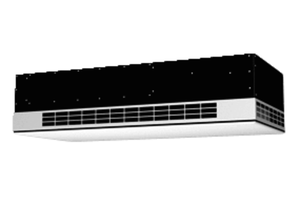 TOP 500 WT IM0014417.PNG Dezentrales Lüftungsgerät mit Wärmerückgewinnung für maximal 500 m3/h, als teilintegriertes Wandmodell, Außen- und Fortluft hinten am Gerät in abgehängter Decke. Zuluft vorne, Abluft seitlich.