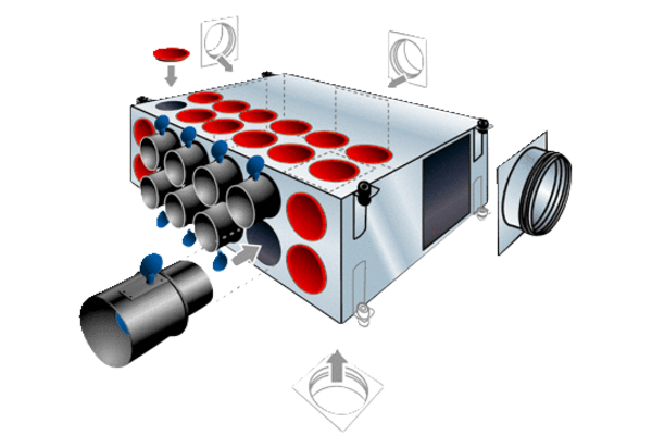 KALV-RV-75-160-12 IM0015826.PNG Variabel einsetzbarer Luftverteiler KALV-RV mit Regulierventilen und Schalldämmung in variabler, kompakter Bauweise für Aerex-o-Flex Rohrsystem. Ausführung mit: 16 Stück Blindabdeckungen, 3 Stück Revisionsabdeckungen, 1 Stück Rohr-Anschlussstutzen (lose, rund) DN 160, 4 Stück Montagewinkel mit Gummientkopplung und 8 Stück Luftregulierventile inkl. Kunststoff-Einstellschlüssel.