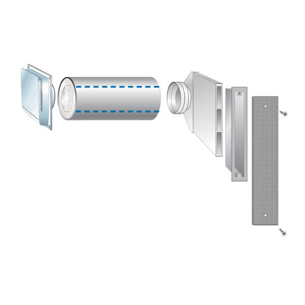 FLEK-80 dBplus - Variante 2 IM0018687.PNG Außenluftdurchlass (ALD) nach DIN 1946-6. Für hohe Schalldämmanforderungen bis Dn,w 58dB. Fassadenelement mit manuell stufenloser Einstellung, Filter und Schalldämmung für den Einsatz an Bahnstrecken, Autobahnen, Einflugschneisen etc.