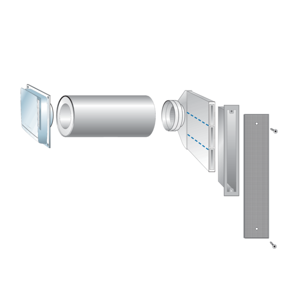 FLEK-80 dBplus - Variante 4 IM0018689.PNG Außenluftdurchlass (ALD) nach DIN 1946-6. Für hohe Schalldämmanforderungen bis Dn,w 57 dB. Fassadenelement mit manuell stufenloser Einstellung, Filter und Schalldämmung für den Einsatz an Bahnstrecken, Autobahnen, Einflugschneisen etc.