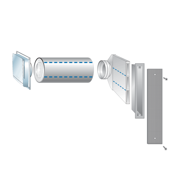 FLEK-80 dBplus - Variante 5 IM0018690.PNG Außenluftdurchlass (ALD) nach DIN 1946-6. Für hohe Schalldämmanforderungen bis Dn,w 58 dB. Fassadenelement mit manuell stufenloser Einstellung, Filter und Schalldämmung für den Einsatz an Bahnstrecken, Autobahnen, Einflugschneisen etc.